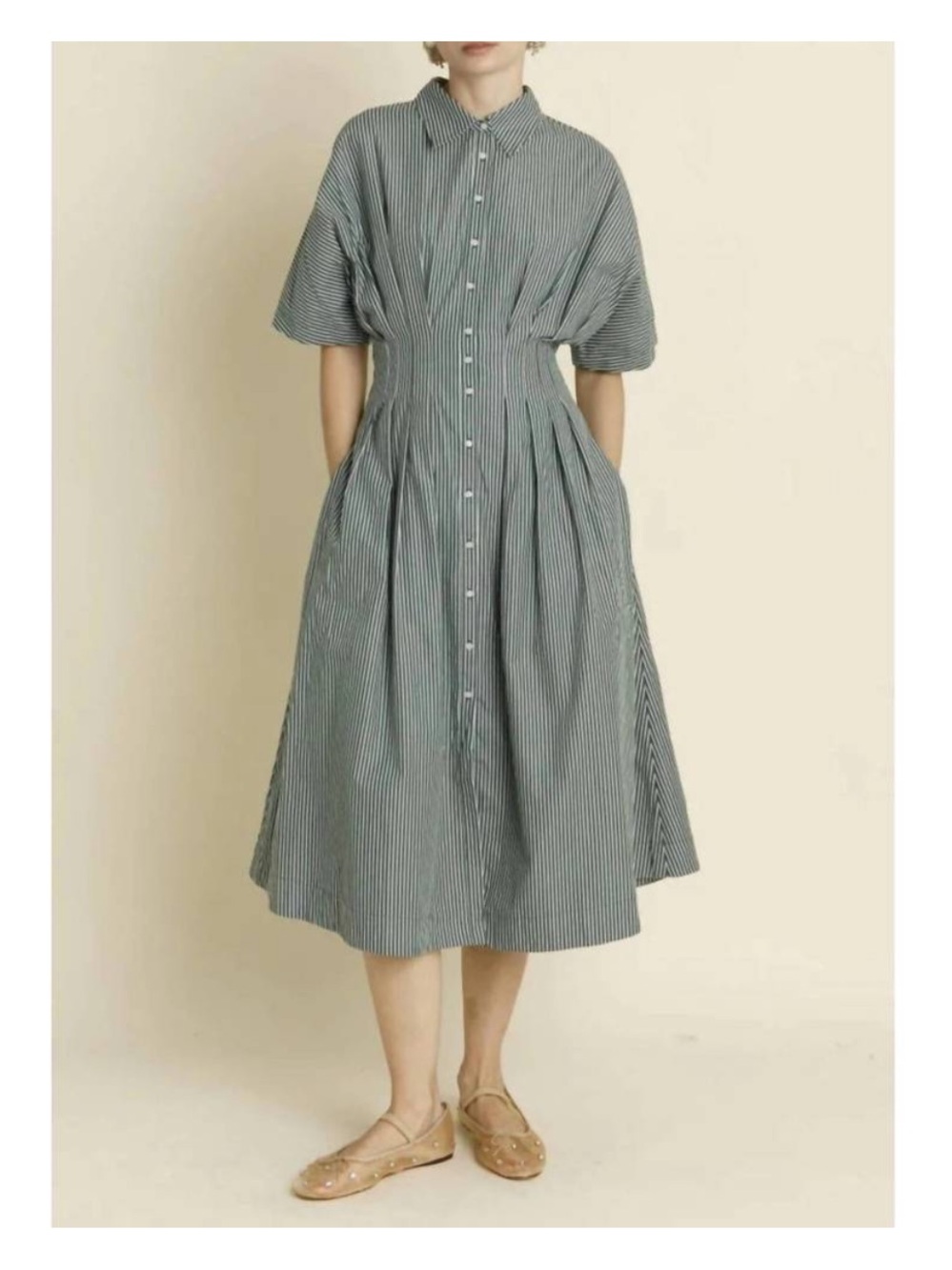 Aureum Pleated Stripe Midi Dress In Green Size Medium